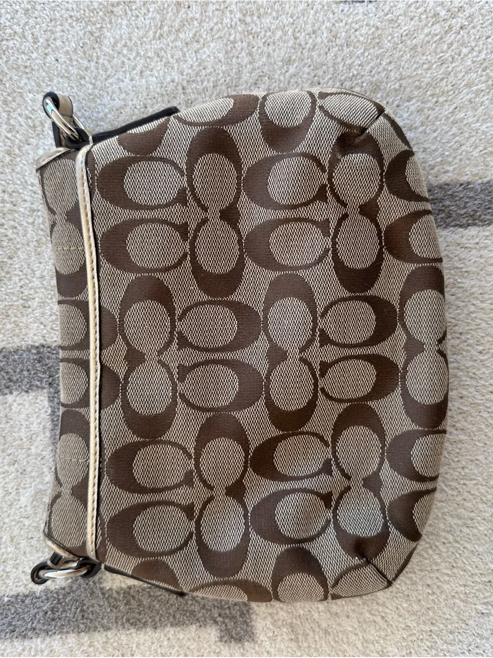 Coach Brown Signature Canvas Crossbody with Metallic Gold Buckle